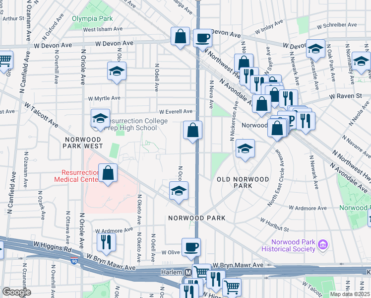 map of restaurants, bars, coffee shops, grocery stores, and more near 5958 North Oconto Avenue in Chicago