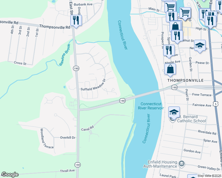 map of restaurants, bars, coffee shops, grocery stores, and more near 1 Cheltenham Court in Suffield