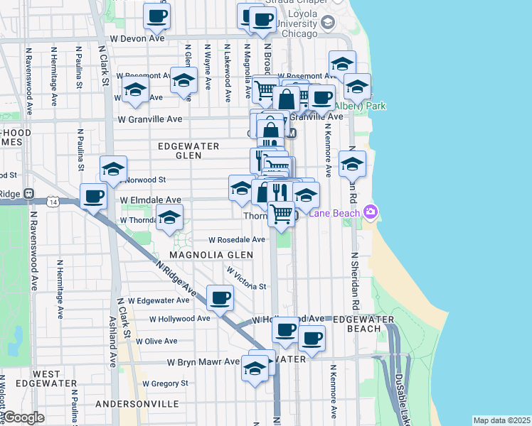 map of restaurants, bars, coffee shops, grocery stores, and more near 6009 North Broadway in Chicago