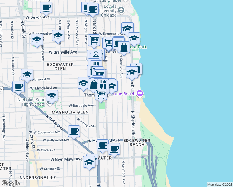 map of restaurants, bars, coffee shops, grocery stores, and more near 1054 West Thorndale Avenue in Chicago