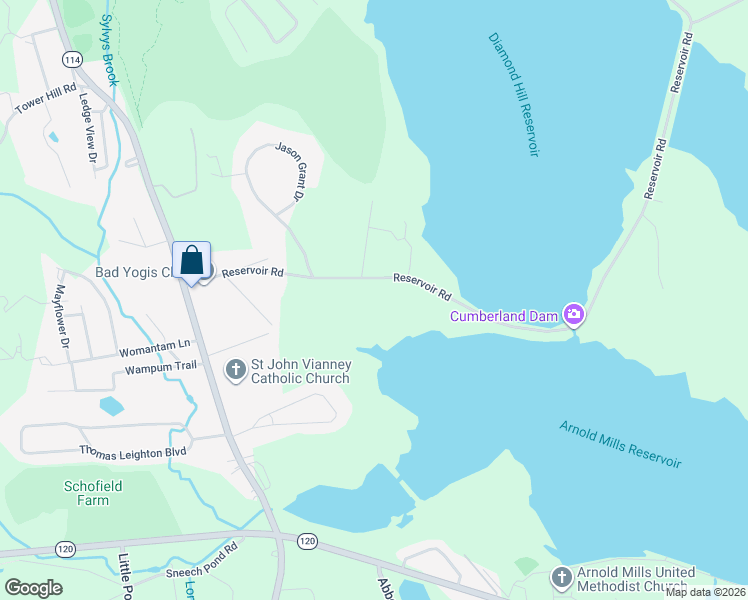 map of restaurants, bars, coffee shops, grocery stores, and more near 38 Reservoir Road in Cumberland