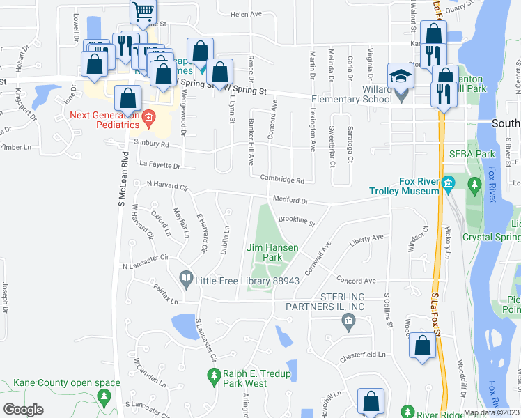 map of restaurants, bars, coffee shops, grocery stores, and more near 840 Medford Drive in South Elgin