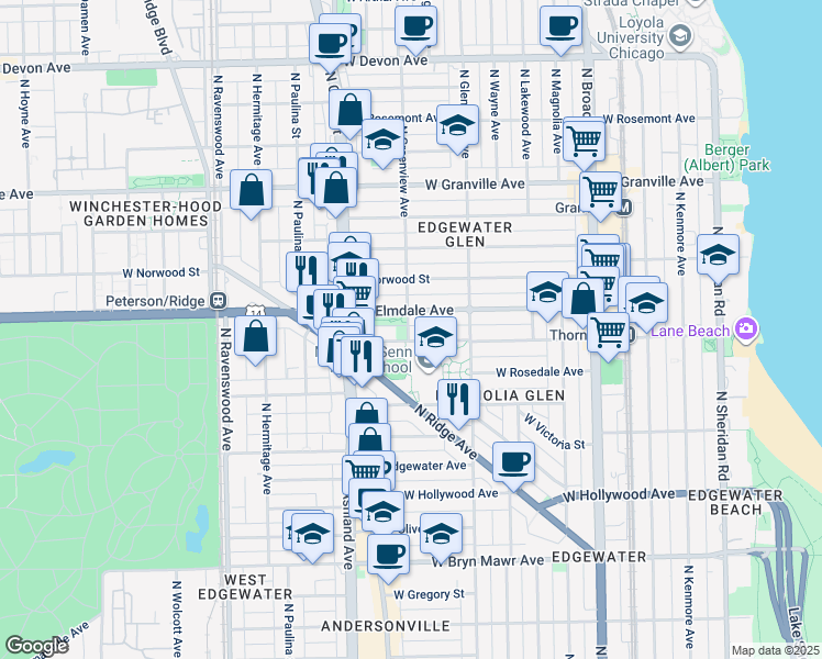 map of restaurants, bars, coffee shops, grocery stores, and more near 1460 West Elmdale Avenue in Chicago