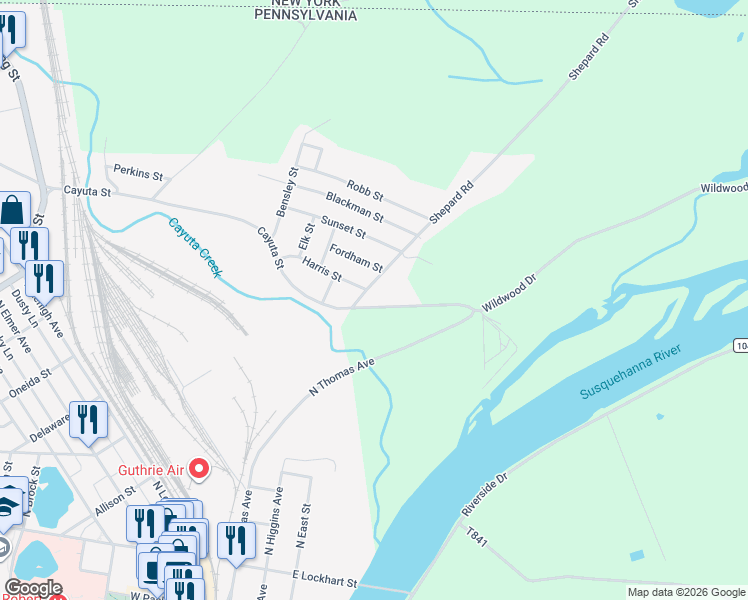 map of restaurants, bars, coffee shops, grocery stores, and more near 495 Shepard Road in Sayre
