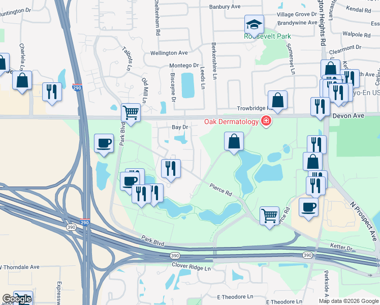 map of restaurants, bars, coffee shops, grocery stores, and more near 116 Bay Drive in Itasca
