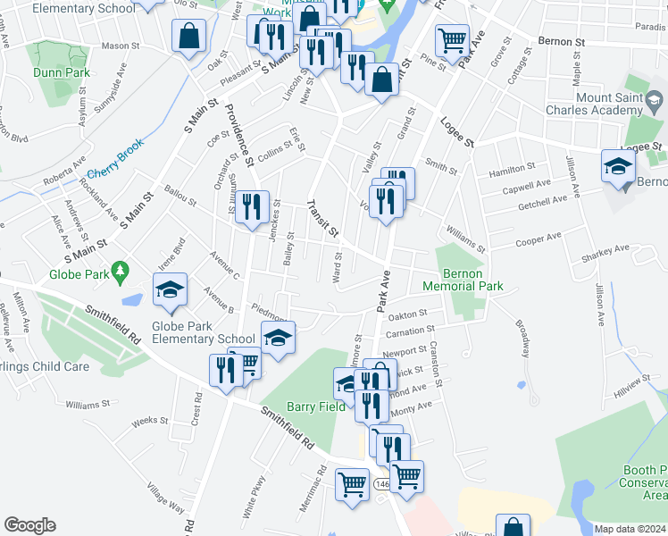 map of restaurants, bars, coffee shops, grocery stores, and more near 515 Ballou Street in Woonsocket