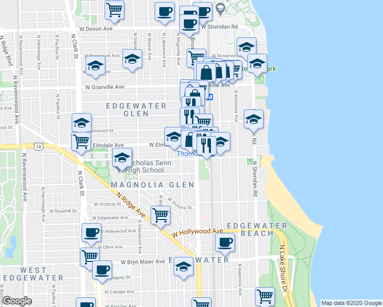 map of restaurants, bars, coffee shops, grocery stores, and more near 6009 North Broadway in Chicago