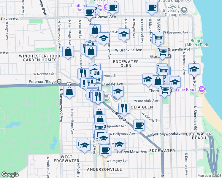 map of restaurants, bars, coffee shops, grocery stores, and more near 1460 West Elmdale Avenue in Chicago