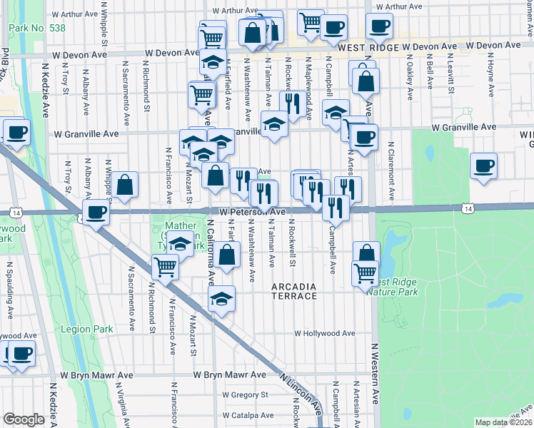 map of restaurants, bars, coffee shops, grocery stores, and more near 6019 North Talman Avenue in Chicago
