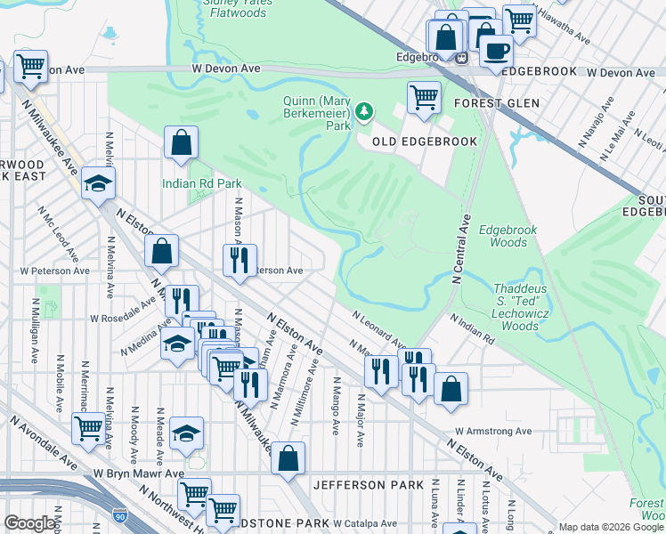 map of restaurants, bars, coffee shops, grocery stores, and more near 6027 North Menard Avenue in Chicago