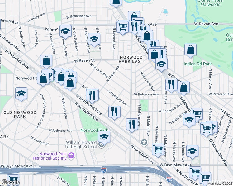 map of restaurants, bars, coffee shops, grocery stores, and more near 6049 North Nassau Avenue in Chicago