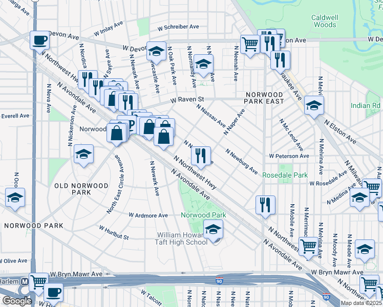 map of restaurants, bars, coffee shops, grocery stores, and more near 6035 North Navarre Avenue in Chicago