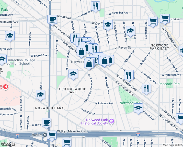 map of restaurants, bars, coffee shops, grocery stores, and more near 6029 North Nina Avenue in Chicago