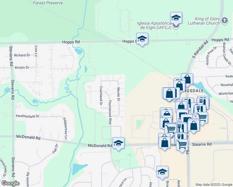 map of restaurants, bars, coffee shops, grocery stores, and more near 254 Nicole Drive in South Elgin
