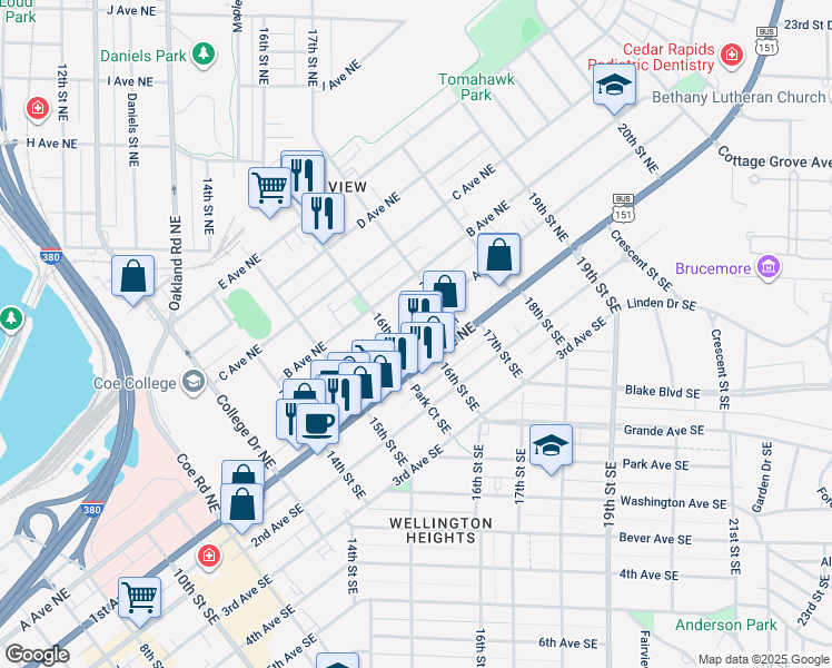 map of restaurants, bars, coffee shops, grocery stores, and more near 1640 A Avenue Northeast in Cedar Rapids