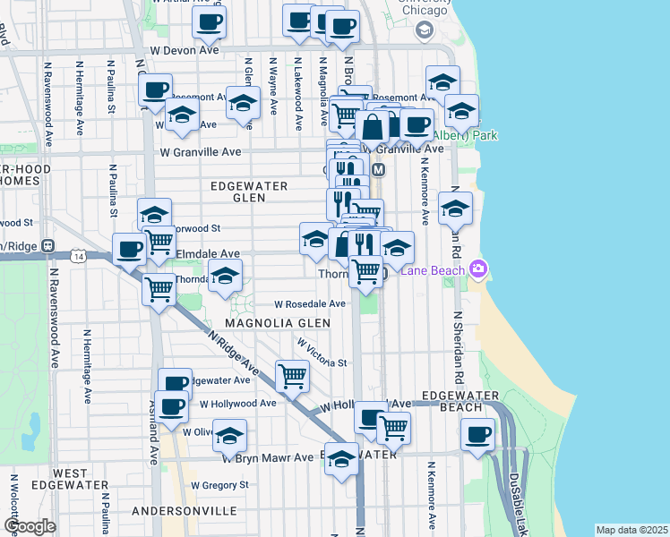 map of restaurants, bars, coffee shops, grocery stores, and more near 5941 North Magnolia Avenue in Chicago