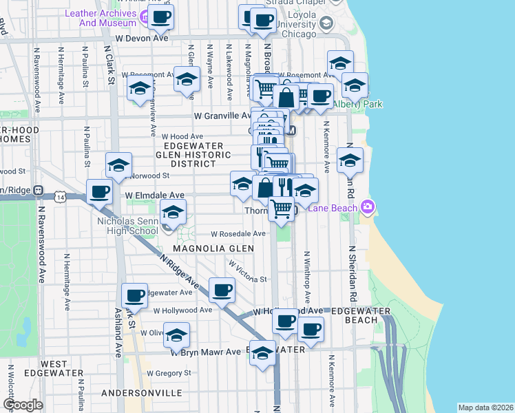 map of restaurants, bars, coffee shops, grocery stores, and more near 1228 West Elmdale Avenue in Chicago