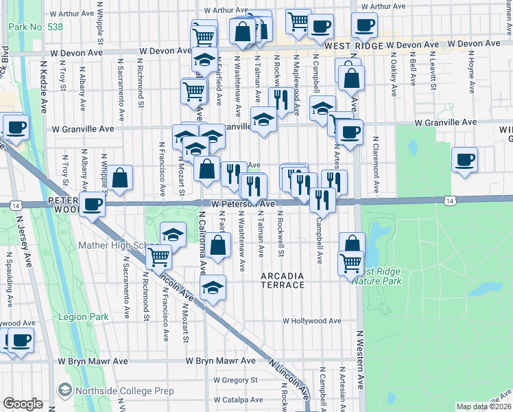 map of restaurants, bars, coffee shops, grocery stores, and more near 6019 North Talman Avenue in Chicago