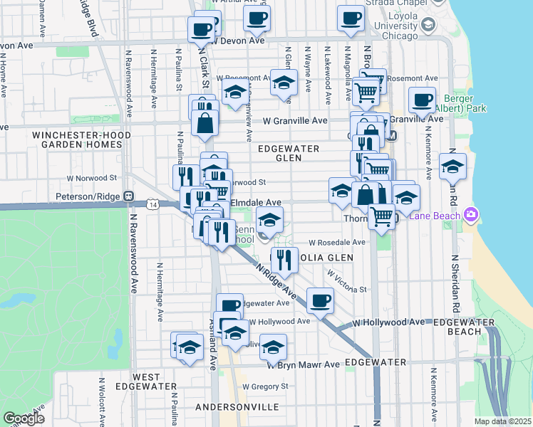 map of restaurants, bars, coffee shops, grocery stores, and more near 1436 West Thorndale Avenue in Chicago