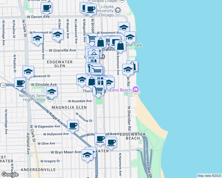 map of restaurants, bars, coffee shops, grocery stores, and more near 5943 North Winthrop Avenue in Chicago
