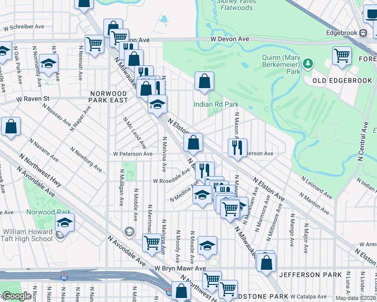 map of restaurants, bars, coffee shops, grocery stores, and more near 6110 West Peterson Avenue in Chicago