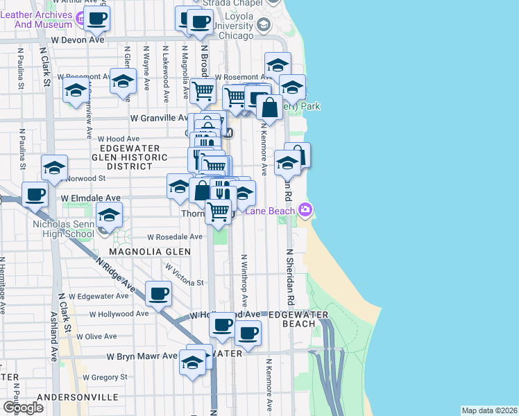map of restaurants, bars, coffee shops, grocery stores, and more near 6002 North Kenmore Avenue in Chicago