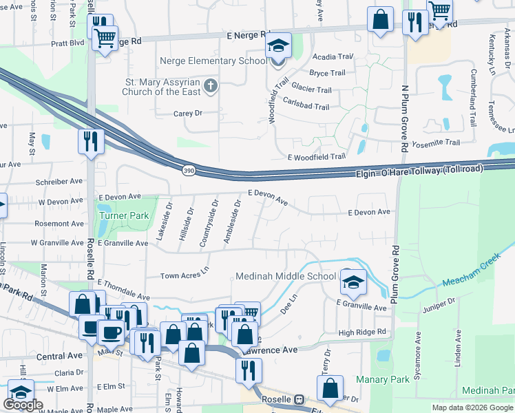 map of restaurants, bars, coffee shops, grocery stores, and more near 380 Ventura Club Drive in Roselle