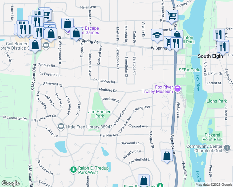 map of restaurants, bars, coffee shops, grocery stores, and more near 714 Medford Drive in South Elgin