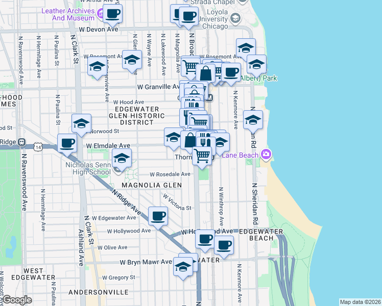 map of restaurants, bars, coffee shops, grocery stores, and more near 6019 North Broadway in Chicago
