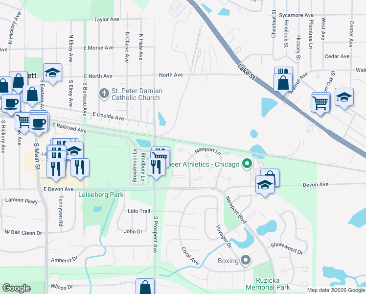 map of restaurants, bars, coffee shops, grocery stores, and more near in Streamwood