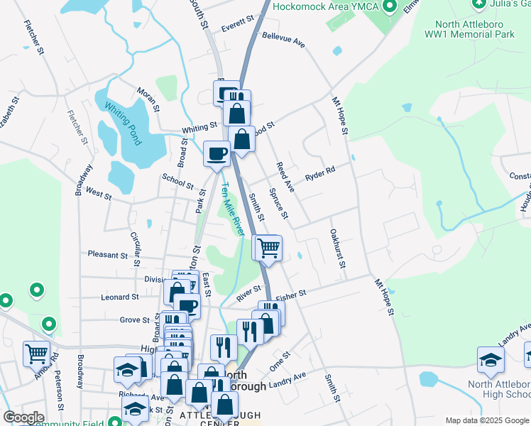 map of restaurants, bars, coffee shops, grocery stores, and more near 81 Spruce Street in North Attleborough