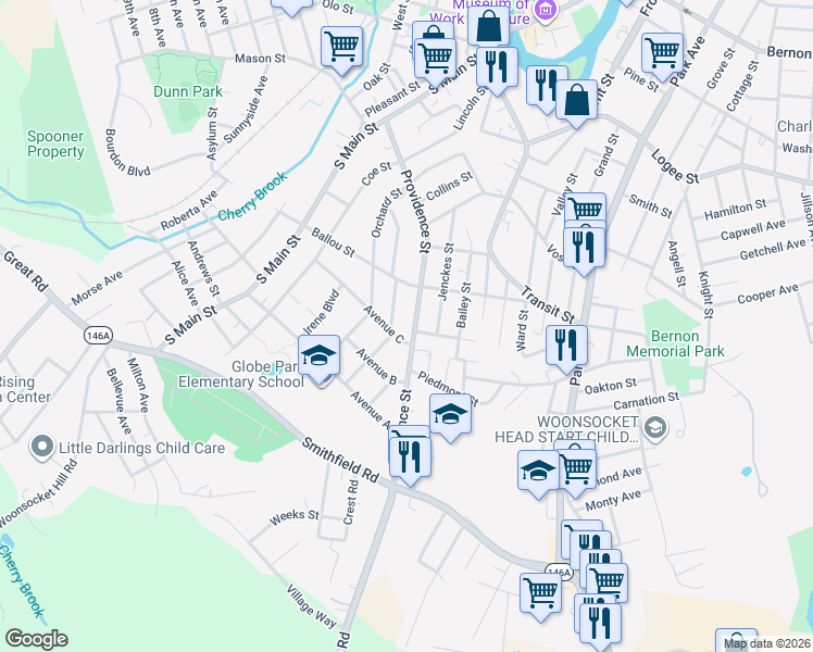 map of restaurants, bars, coffee shops, grocery stores, and more near 409 Providence Street in Woonsocket
