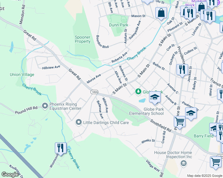 map of restaurants, bars, coffee shops, grocery stores, and more near 78 Pelletier Avenue in Woonsocket