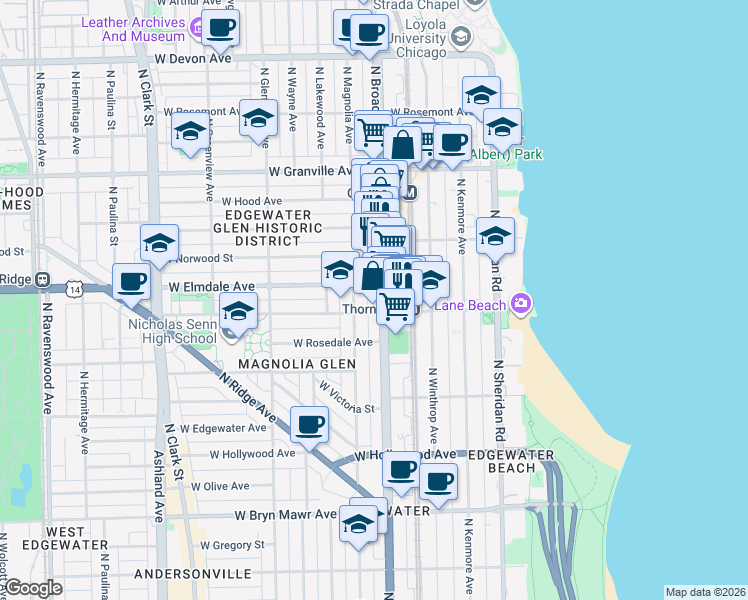 map of restaurants, bars, coffee shops, grocery stores, and more near 6019 North Broadway in Chicago