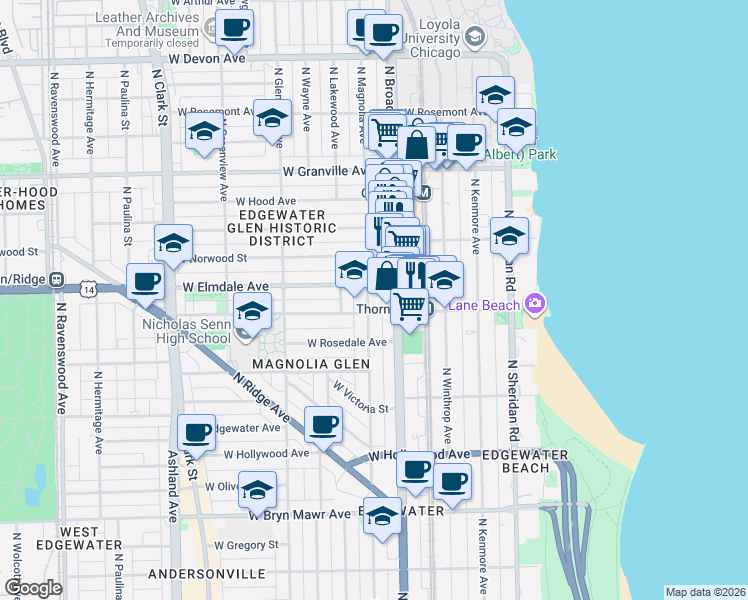 map of restaurants, bars, coffee shops, grocery stores, and more near 1228 West Elmdale Avenue in Chicago