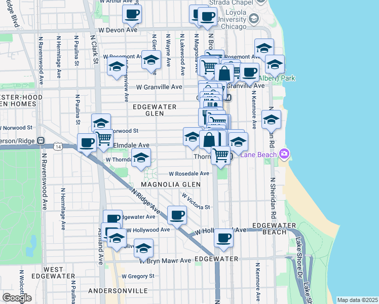 map of restaurants, bars, coffee shops, grocery stores, and more near 1304 West Elmdale Avenue in Chicago