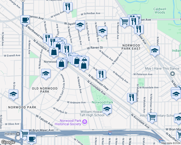 map of restaurants, bars, coffee shops, grocery stores, and more near 6058 North Navarre Avenue in Chicago