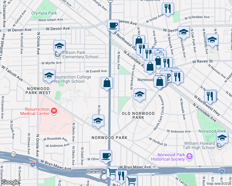 map of restaurants, bars, coffee shops, grocery stores, and more near 6035 North Neva Avenue in Chicago