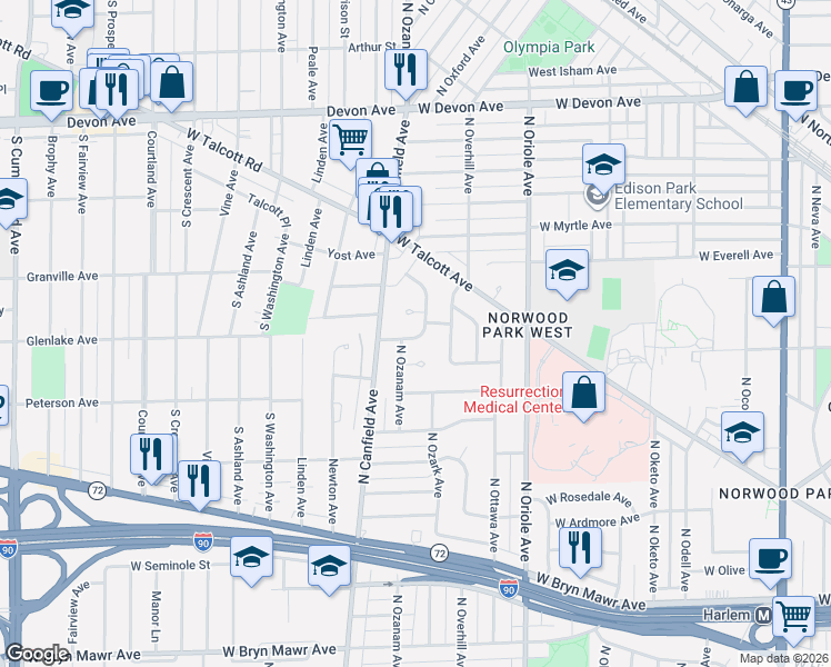 map of restaurants, bars, coffee shops, grocery stores, and more near 6121 North Ozark Avenue in Chicago