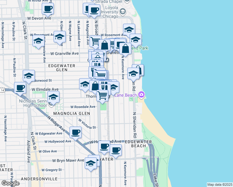 map of restaurants, bars, coffee shops, grocery stores, and more near 1072 West Thorndale Avenue in Chicago