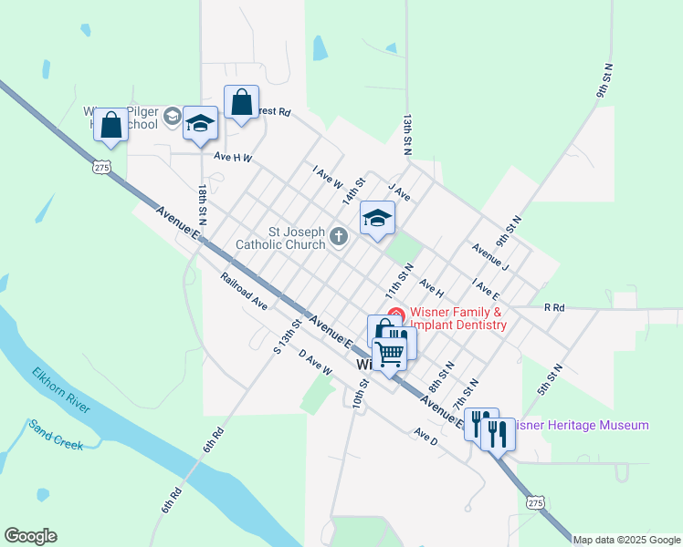 map of restaurants, bars, coffee shops, grocery stores, and more near 1301 Avenue G West in Wisner
