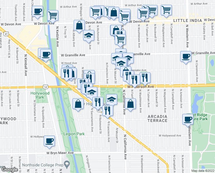 map of restaurants, bars, coffee shops, grocery stores, and more near West Peterson Avenue & North Francisco Avenue in Chicago