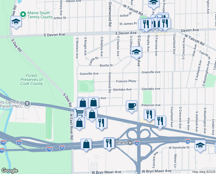 map of restaurants, bars, coffee shops, grocery stores, and more near 1604 South Greenwood Avenue in Park Ridge