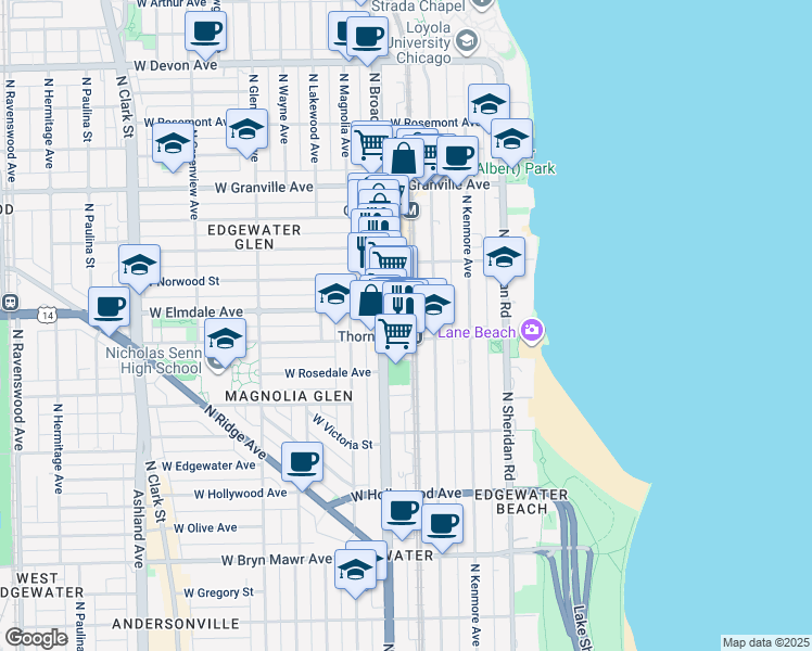 map of restaurants, bars, coffee shops, grocery stores, and more near 6009 North Broadway in Chicago