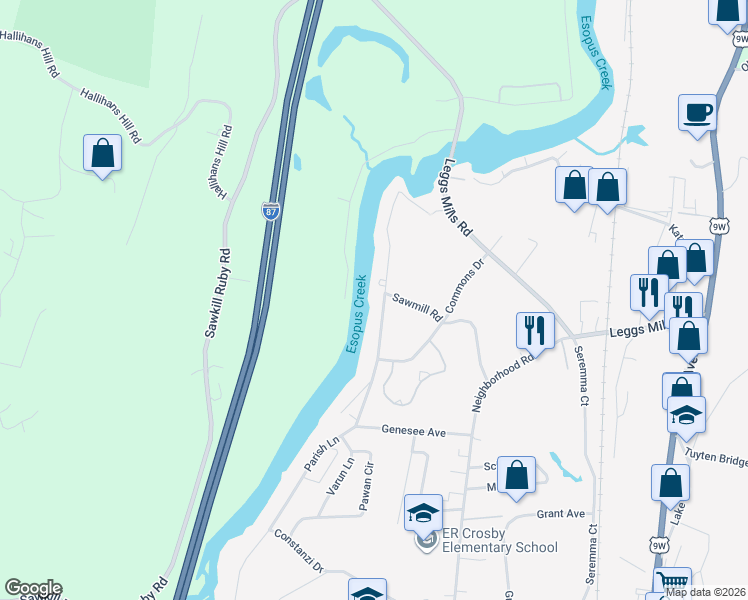 map of restaurants, bars, coffee shops, grocery stores, and more near 198 Sawmill Road in Lake Katrine