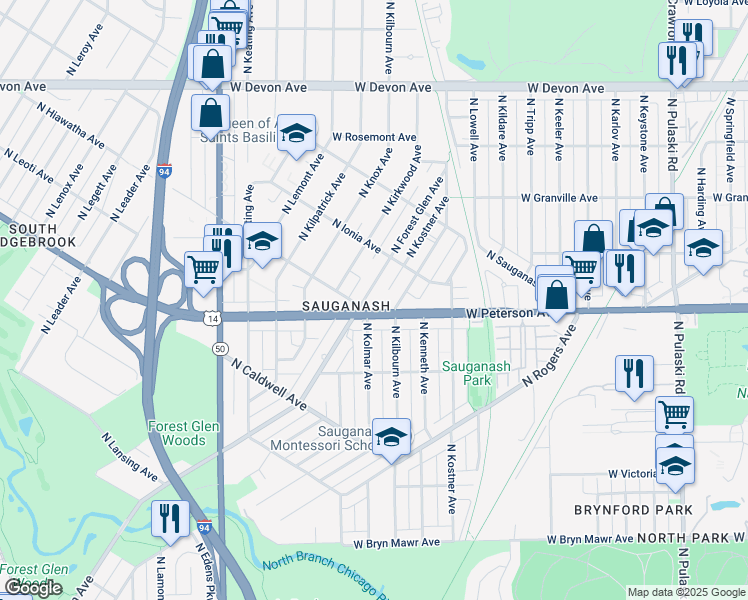 map of restaurants, bars, coffee shops, grocery stores, and more near 6049 North Forest Glen Avenue in Chicago
