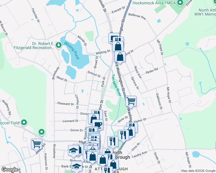 map of restaurants, bars, coffee shops, grocery stores, and more near 281 North Washington Street in North Attleborough