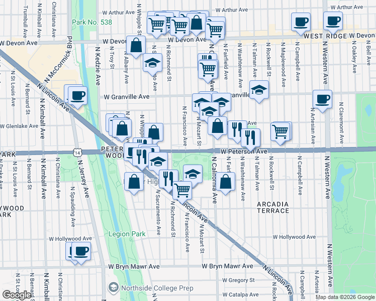 map of restaurants, bars, coffee shops, grocery stores, and more near in Chicago