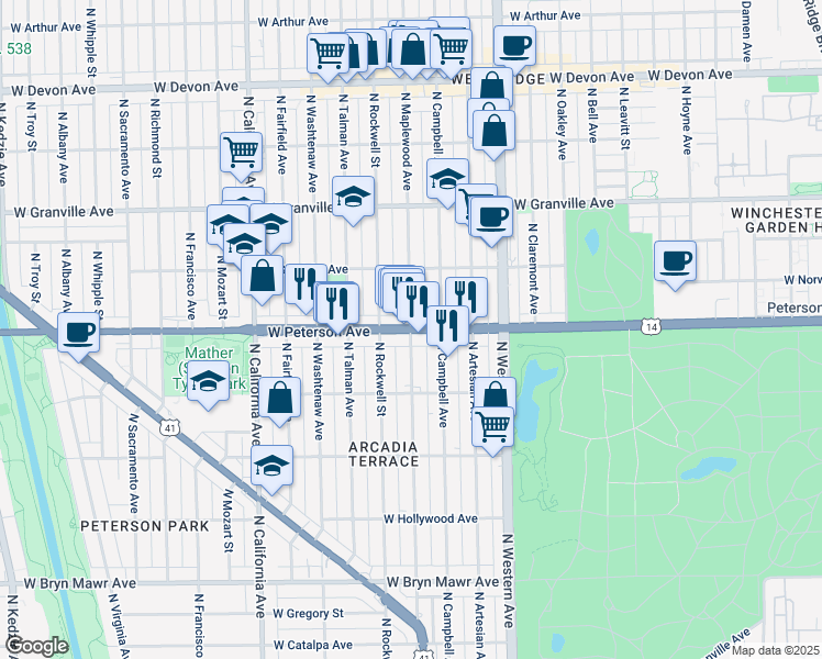 map of restaurants, bars, coffee shops, grocery stores, and more near W Peterson Ave & N Maplewood Ave in Chicago