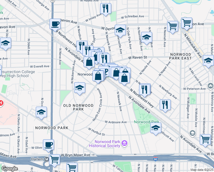 map of restaurants, bars, coffee shops, grocery stores, and more near 6022 North Avondale Avenue in Chicago